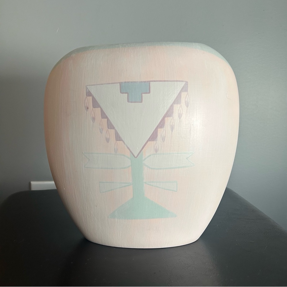 Lemonade Folk Art Az White Owl Pastel Pink and Blue Southwestern Native Art Vase